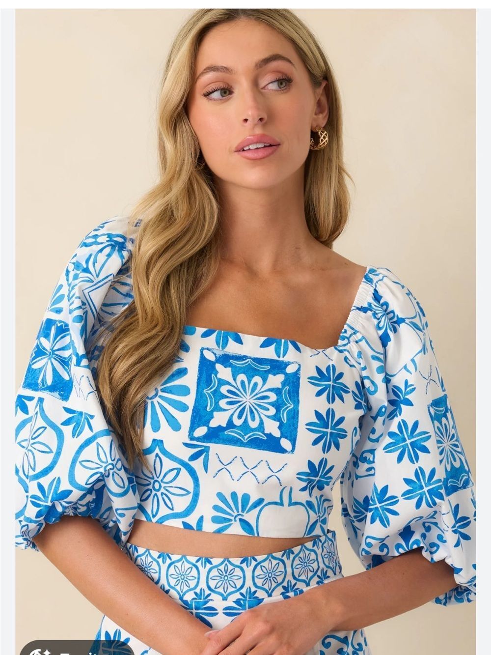 Prosperina Presley Crop Top In Blue Tile Print Cotton |NWT